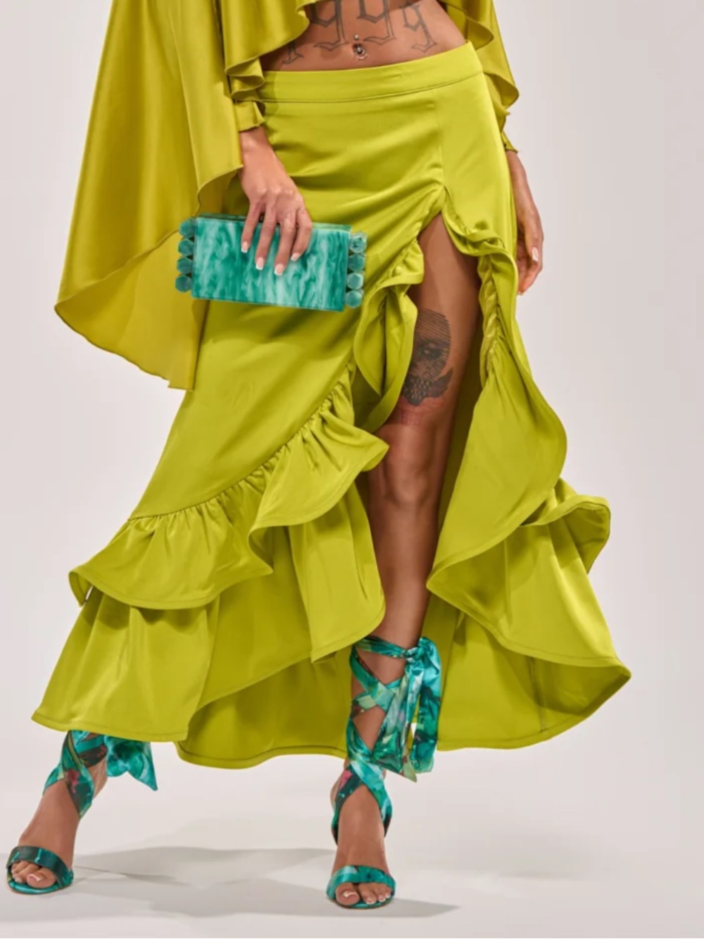 AKIRA Ruched Midi Skirt with High Slit Green Medium